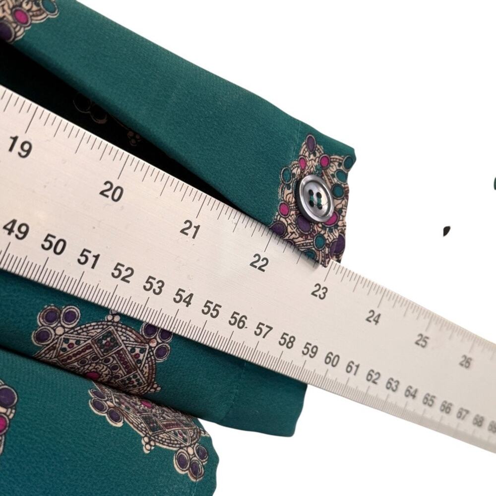 Fashion Update Blouse Womens SZ M Teal Green Medallion Geometric Silk Look Retro - Picture 8 of 11